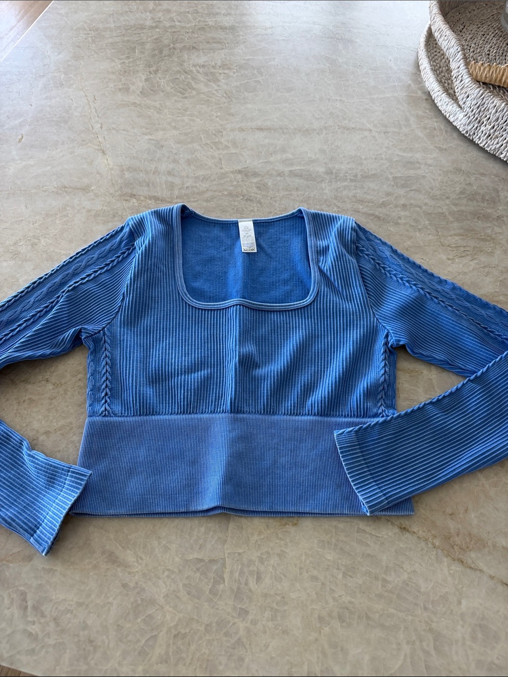Aerie Seamless Cable Square Neck Shirt Size Small Crop Top Long Sleeve Stretch - Picture 2 of 5